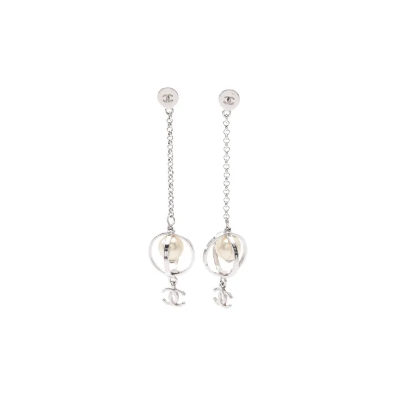 CHANEL Metal Artificial Pearl Earrings Women's Silver-2