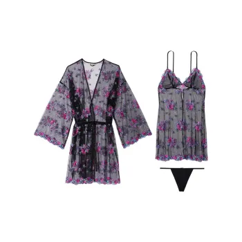 Victoria's Secret Pajama Set Women's Black Floral Embroidery
