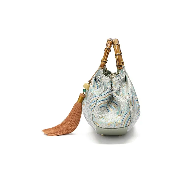 Ancient Yi Xi Fabric Handbag, Shoulder Bag, Crossbody Bag Medium Size Women's Jade Collection Blue-3