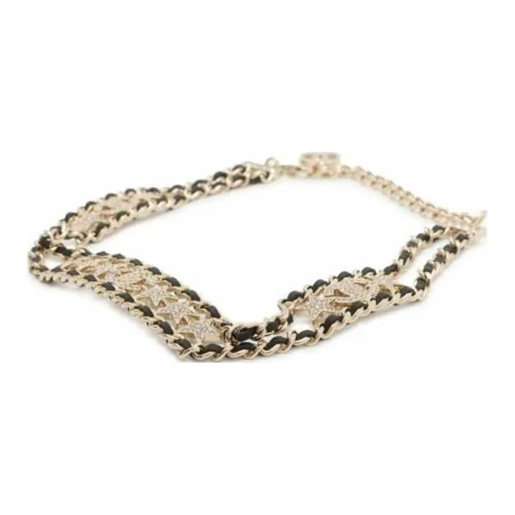 CHANEL 2023 Gold Plated And Lambskin Cc Crystal Star Choker Costume Necklace-2