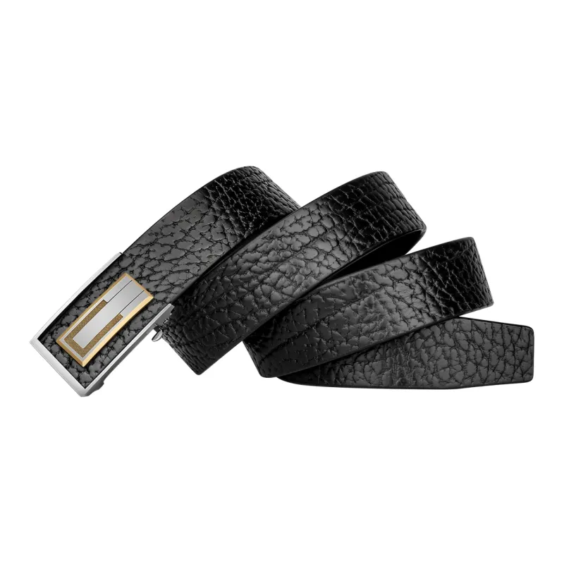 CATELLES Top Grain Cow Leather Leather Belts Men's Silver Buckle Black/Gold Tone Lock Black 3.8cm-7