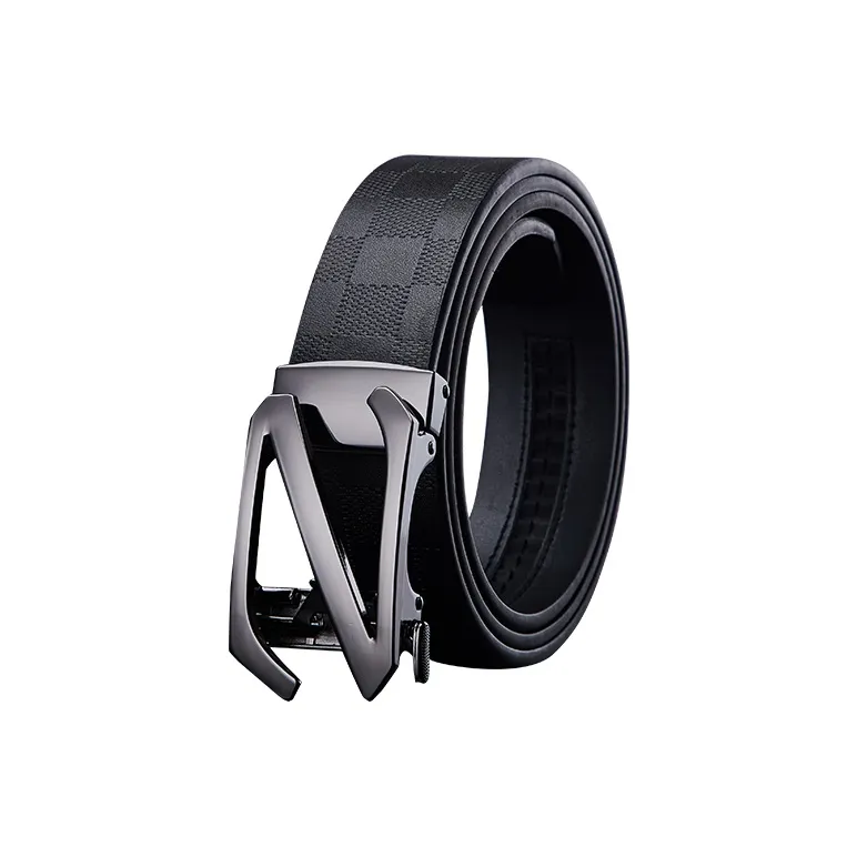 Jeccieziio Cow Leather Plaid Belt Business Casual Pants Belt Men's Gunmetal Gold Silver Width 3.5CM Greeting Card-0