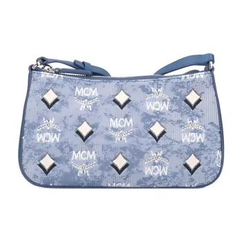 MCM Aren Canvas Leather Patchwork Crossbody Bag Small Size Women's Blue