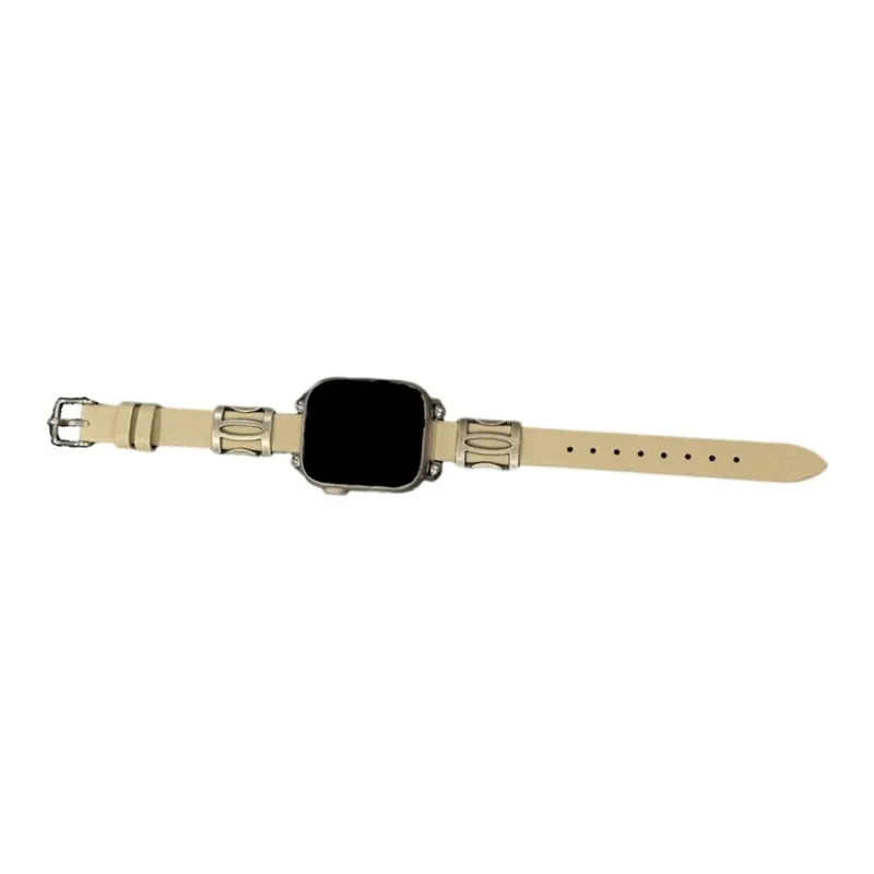 Warbler Dew Compatible With Apple Watch Apple Watch Band S9/S8/SE/7/6/5/4/3 Leather Double Bead Silver Edition Strap-8