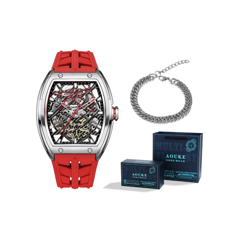AOUKE Mechanical Movement Silicone Strap Watch Men's Watches Cut-Out Dial-0