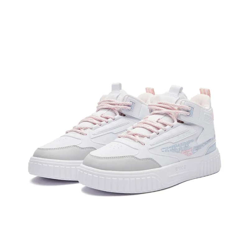 Erke Subjugate Thermal Abrasion Resistant High Top Skateboard Shoes Women's True White Apricot Blossom Pink-2