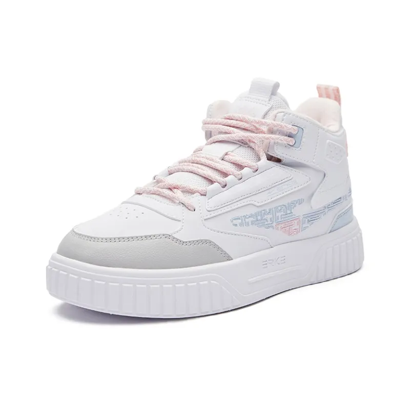Erke Subjugate Thermal Abrasion Resistant High Top Skateboard Shoes Women's True White Apricot Blossom Pink-1