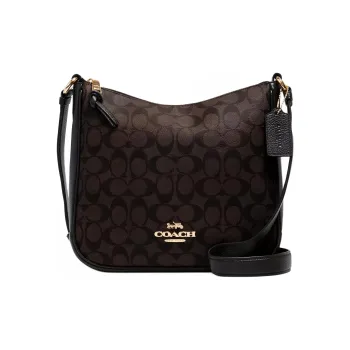 COACH Ellie Canvas With Smooth Leather Shoulder Bag Crossbody Bag Medium Size Women's Gold & Brown Black