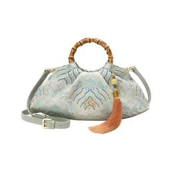 Ancient Yi Xi Fabric Handbag, Shoulder Bag, Crossbody Bag Medium Size Women's Jade Blue
