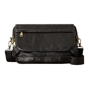 Back Step Cow Leather Crossbody Bag Shoulder Bag Medium Size Unisex Black