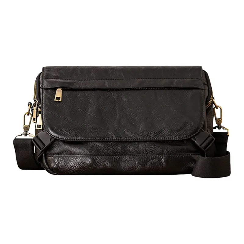 Back Step Top Grain Cow Leather, Vegetable Tanned Leather Messenger Bag, Crossbody Bag, Shoulder Bag Tubas Unisex Black-0