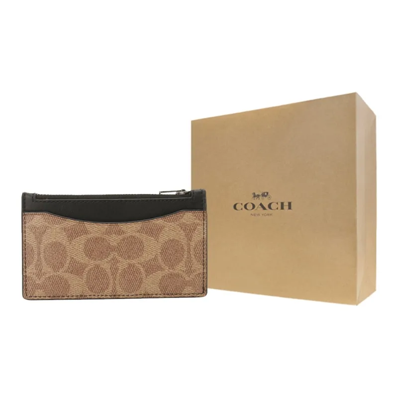 COACH Card Case Canvas With Leather Card Clip Wallet Holder Men's Khaki & Black-6