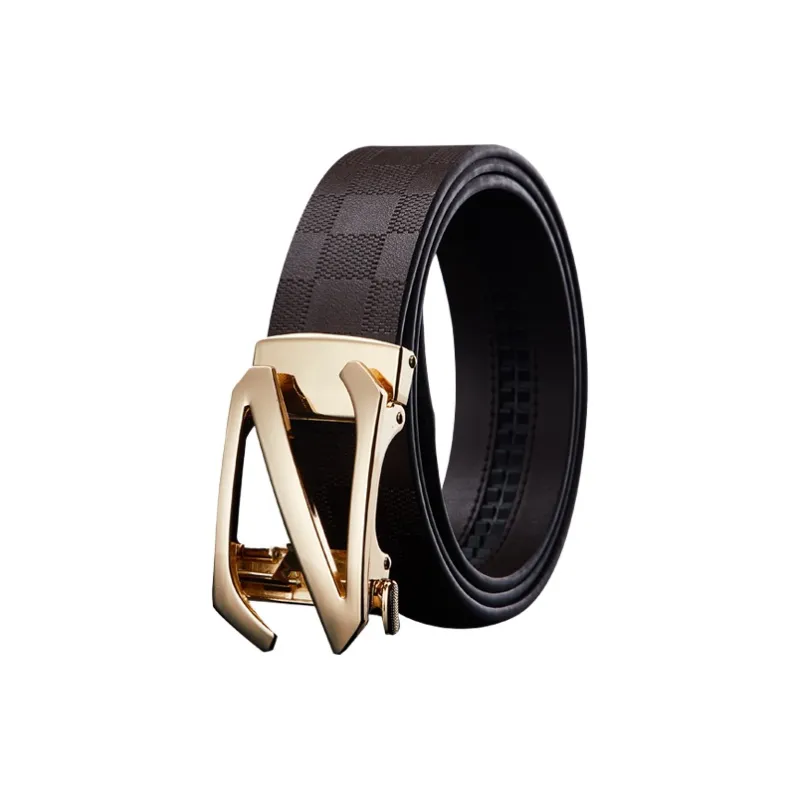 Jeccieziio Cow Leather Plaid Belt Business Casual Pants Belt Men's Gunmetal Gold Silver Width 3.5CM Greeting Card-4
