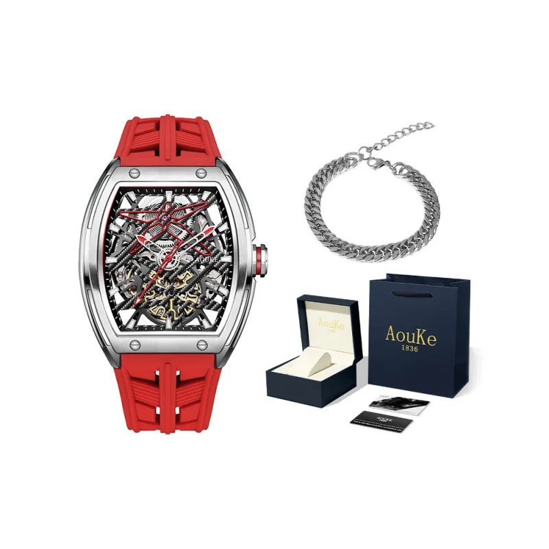 AOUKE Mechanical Movement Silicone Strap Watch Men's Watches Cut-Out Dial-9