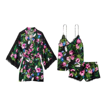 Victoria's Secret Pajama Set Women's Black Tropical Print