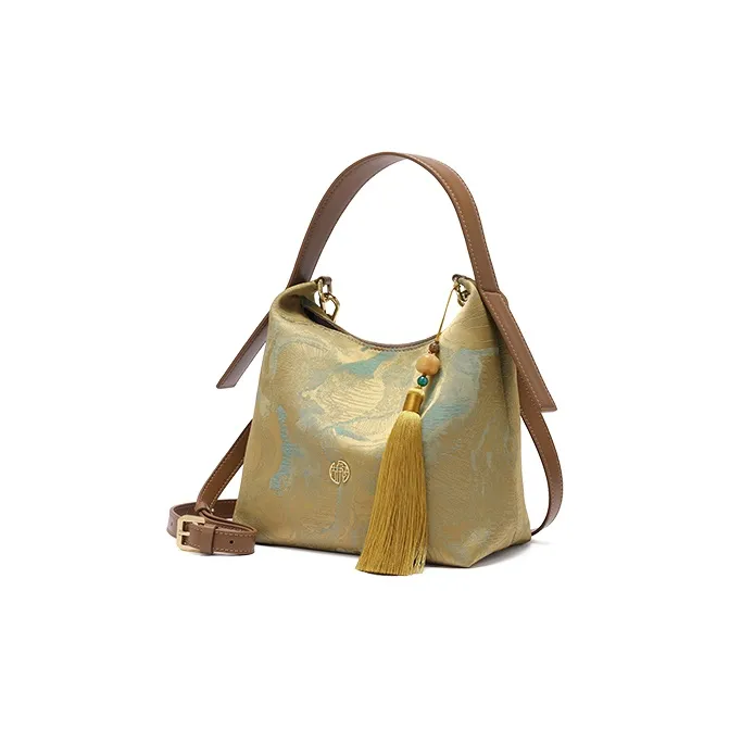 Ancient Yi Xi Polyester Bucket Bag, Crossbody, One Shoulder Handbag Medium Size Women's Cinnamon Light Brown-1