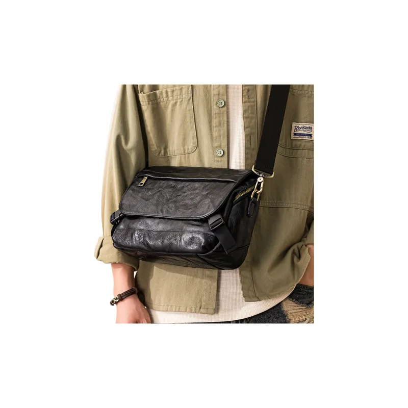 Back Step Top Grain Cow Leather, Vegetable Tanned Leather Messenger Bag, Crossbody Bag, Shoulder Bag Tubas Unisex Black-6