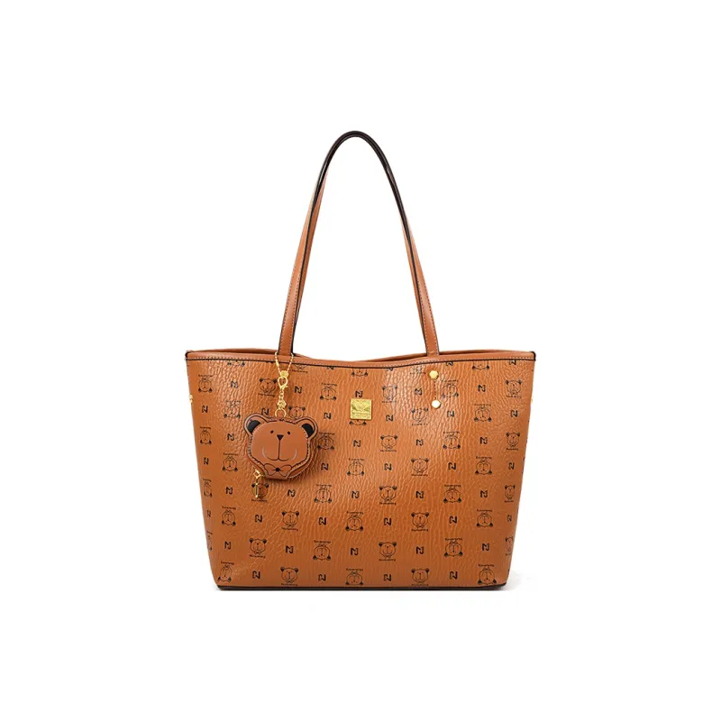 Vigno Synthetic Leather One Shoulder Tote Bag, Shopping Bag Regular Women's Brown/Ecru-0