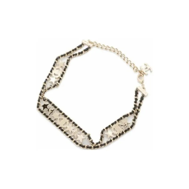 CHANEL 2023 Gold Plated And Lambskin Cc Crystal Star Choker Costume Necklace-3