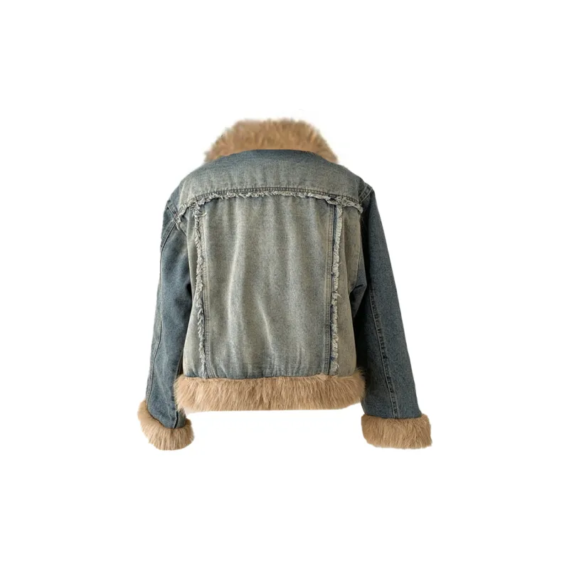 TORIGHT Jackets Women's Fuzzy Denim Jacket-1