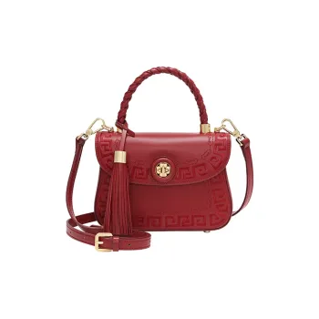 Ancient Yi Xi Cow Leather Handbag, Shoulder Bag, Crossbody Bag Medium Size Women's Vintage Red