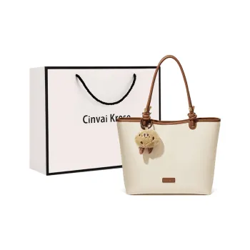 Simvay Clos Synthetic Leather Shoulder Bag Tote Handbag Shopping Bag Large Size Women's Ecru/Black