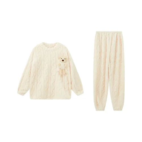 Sleep Students Dormitory Home Outerwear Ready Pajama Set Women's Ecru