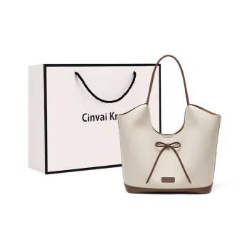 CinvaiKrose Synthetic Leather Shoulder Bag Portable Tote Large Size Women's Ecru