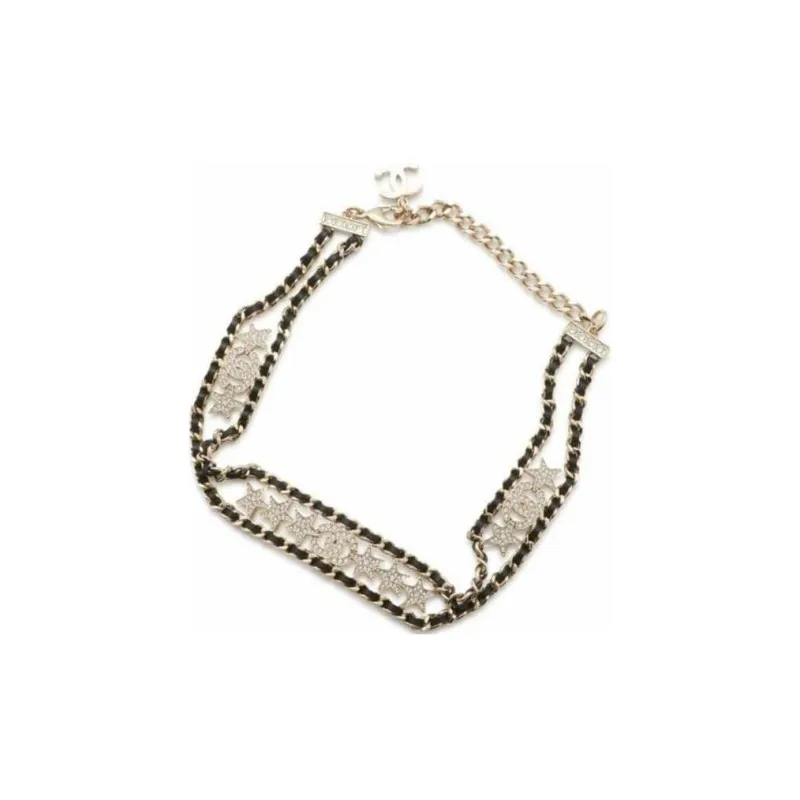 CHANEL 2023 Gold Plated And Lambskin Cc Crystal Star Choker Costume Necklace-1