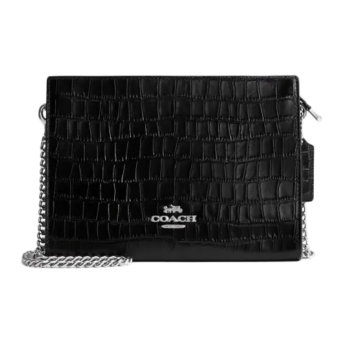 COACH Crocodile Embossed Leather Shoulder Bag, Crossbody Bag Small Size Women's Black