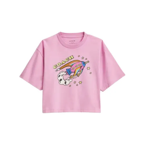COACH Rocket Print Cropped Short Sleeved Drop Shoulder Sleeve T Shirt Women's Pink