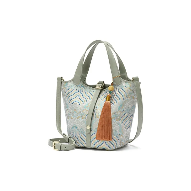 Ancient Yi Xi Polyester Basket Bag, Bucket Bag, Shoulder Bag, Crossbody Bag, Handbag Medium Size Women's Jade Blue-1