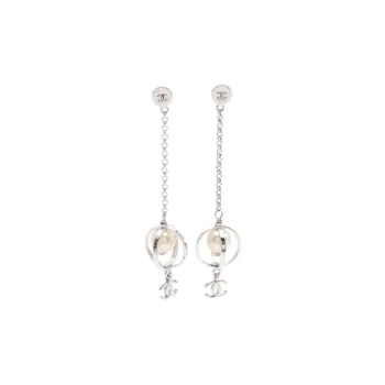 CHANEL Metal Artificial Pearl Earrings Women's Silver