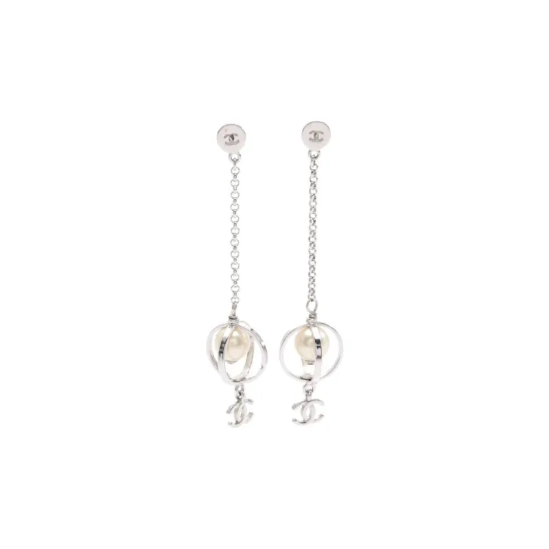 CHANEL Metal Artificial Pearl Earrings Women's Silver-0