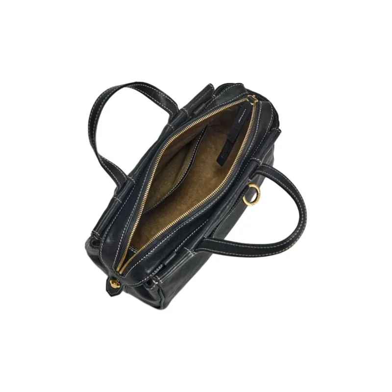 Songmont Vegetable Tanned Cow Leather Crossbody Boston Handbag Mini Unisex Sandalwood Brown/Smoky Ink Black-3