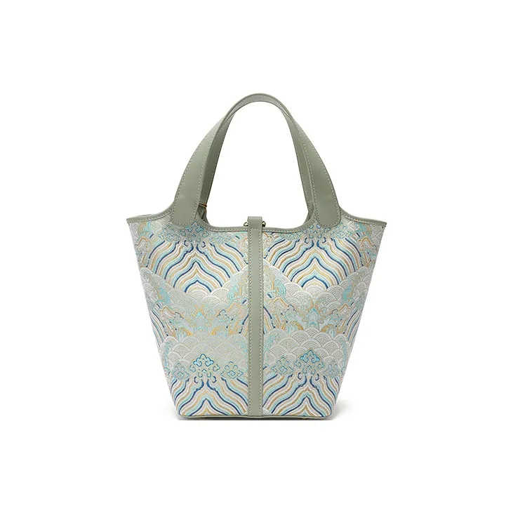 Ancient Yi Xi Polyester Basket Bag, Bucket Bag, Shoulder Bag, Crossbody Bag, Handbag Medium Size Women's Jade Blue-2