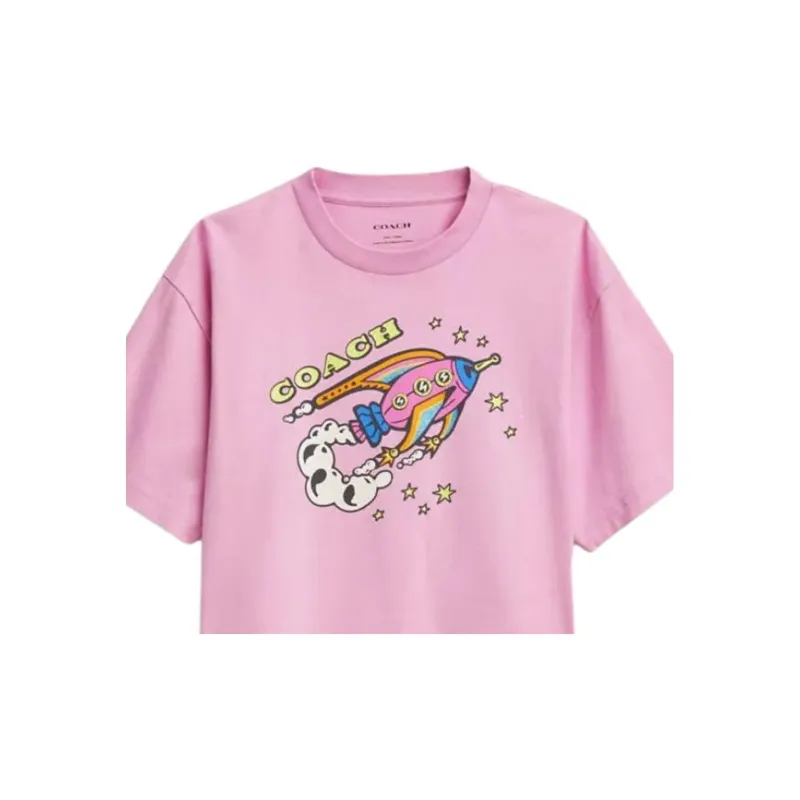 COACH Rocket Print Cropped Short Sleeved Drop Shoulder Sleeve T Shirt Women's Pink-2