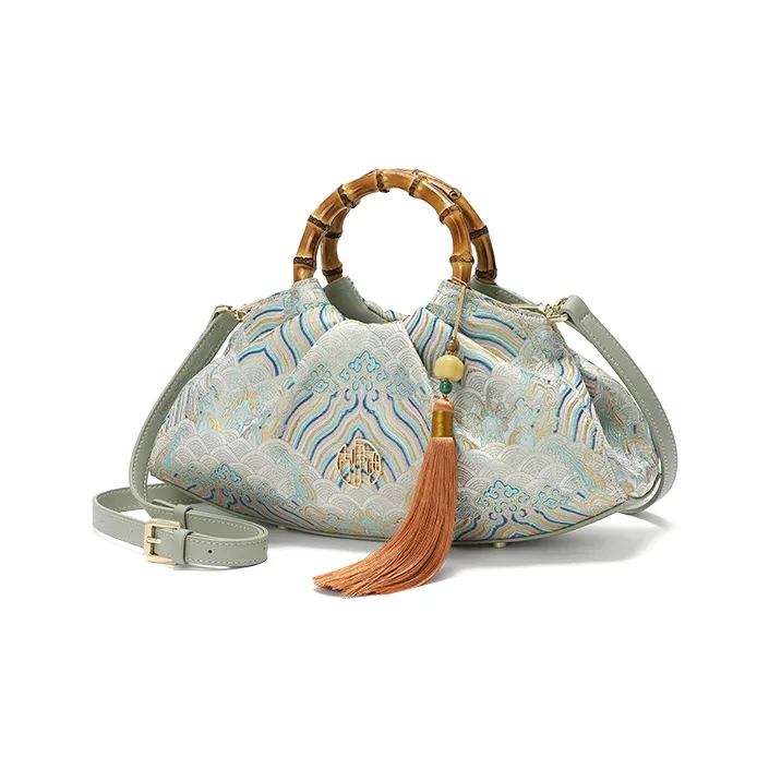 Ancient Yi Xi Fabric Handbag, Shoulder Bag, Crossbody Bag Medium Size Women's Jade Collection Blue-1