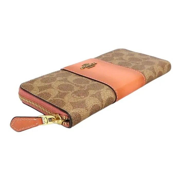 COACH Accordion Zip Wallet Coated Canvas With Leather Wallet Clutch Wallet Women's Khaki Brown & Orange-3