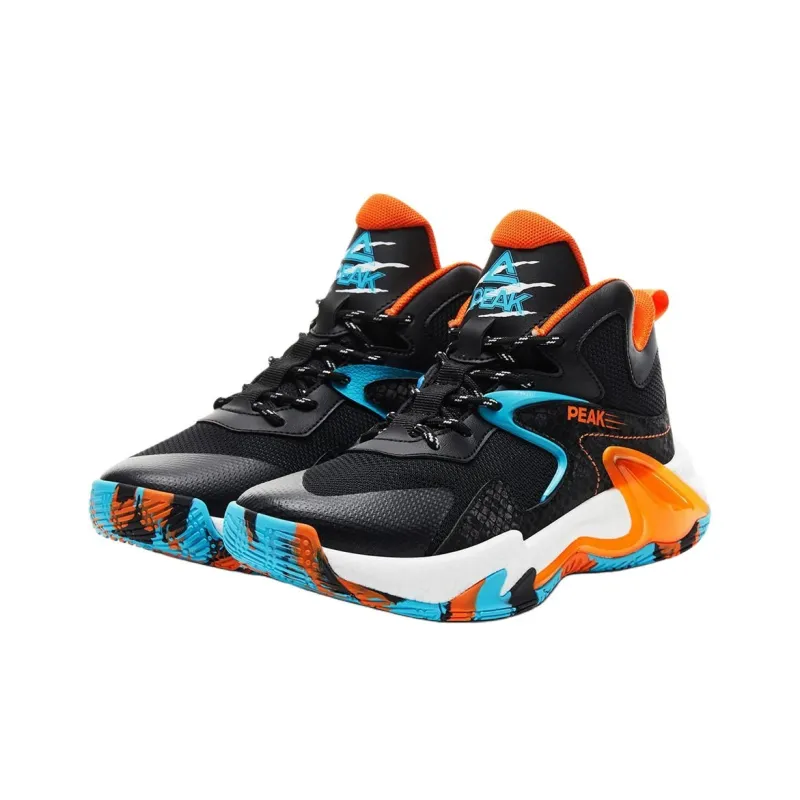 PEAK Anti Slip Wear Resistant High Top Children's Basketball Shoes Black Orange Teenagers-2