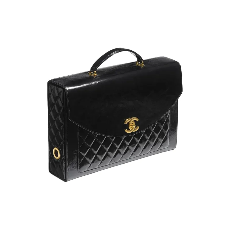 CHANEL Wrinkled Lambskin Patent Leather Briefcases Women's Black-1