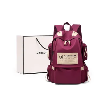 MAKEUP KITTEN Nylon Fabric High Value Backpack Unisex Burgundy