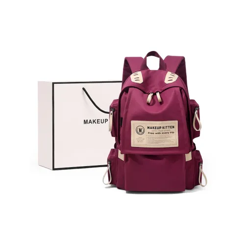MAKEUP KITTEN Nylon Fabric High Value Backpack Unisex Burgundy
