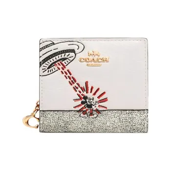 COACH Disney Keith Haring Collaboration Snap Wallet Pebbled Leather Card Holder Wallet Unisex White