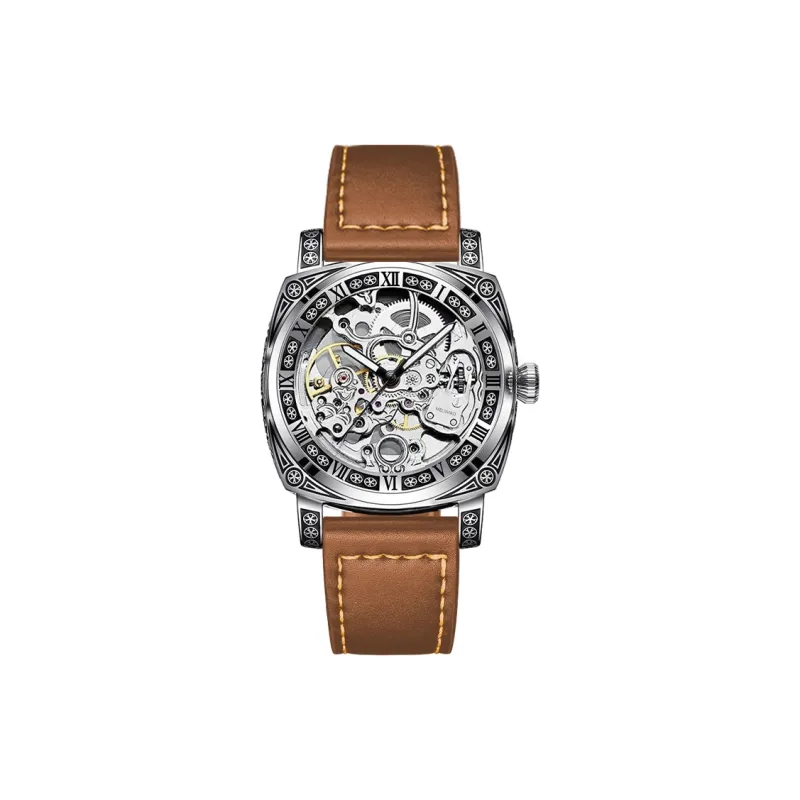 MELSMAO Mechanical Movement Leather Watch Bands Watch Men's Watches Black Dial-9
