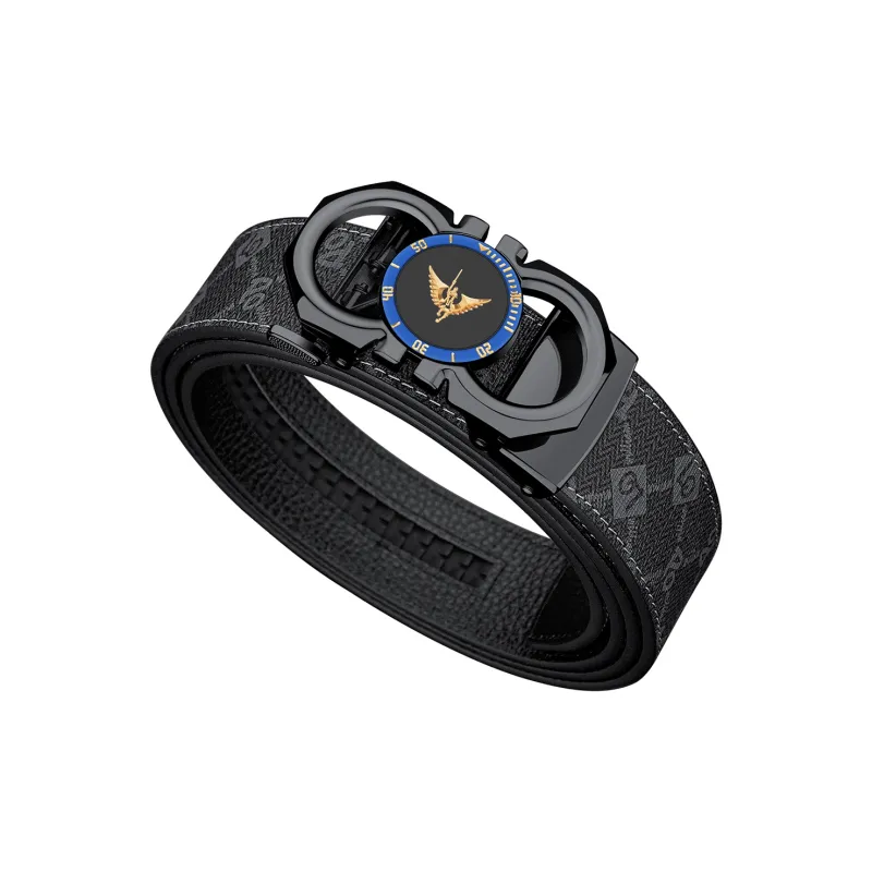 WilliamPOLO PVC Leather Belts Men's Gunmetal Buckle Blue Logo Width 3.5cm-3