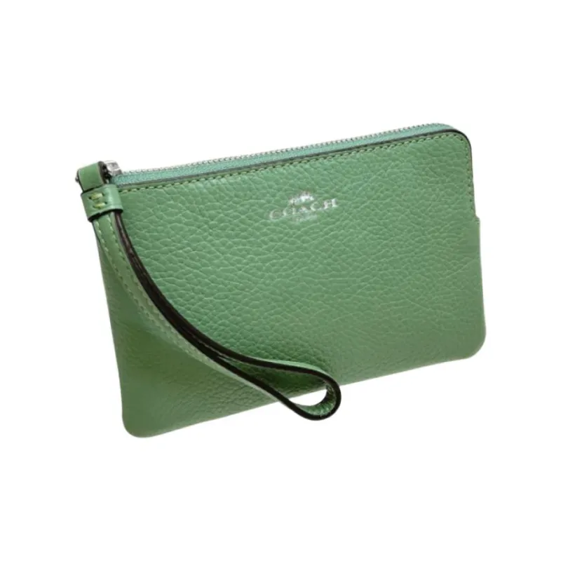 COACH Corner Zip Refined Pebbled Leather Wrist Bag Small Size Women's Silver & Light Green-1