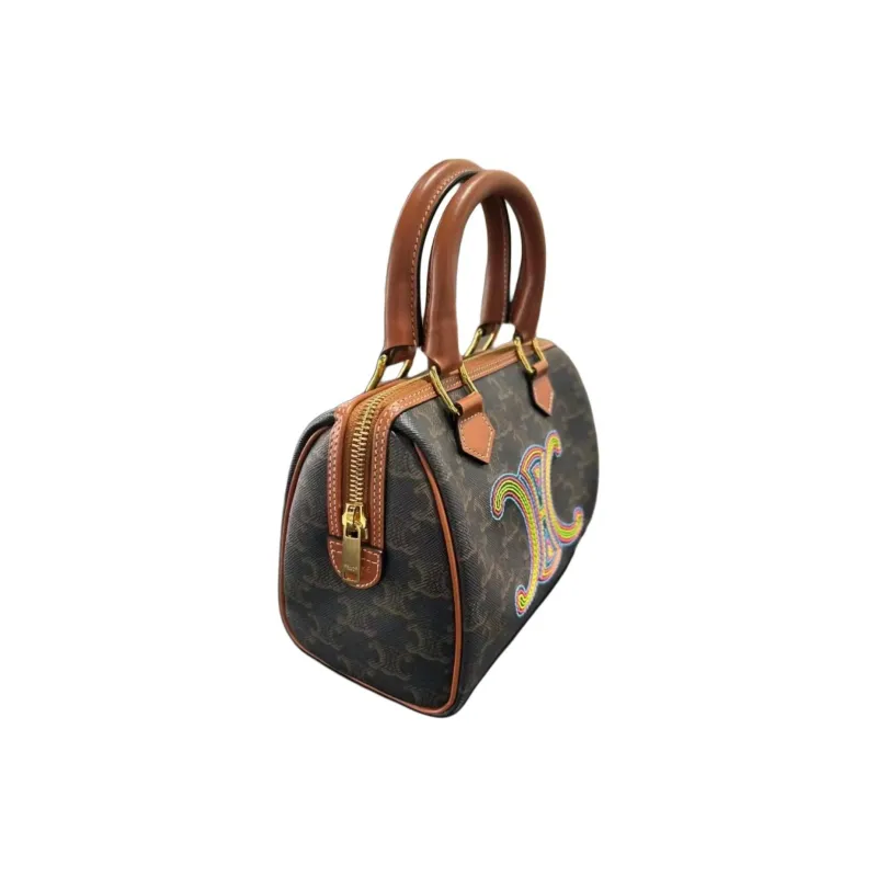 CELINE Triomphe Canvas Calfskin Boston Bag Shoulder Bag Crossbody Bag Handbag Women's Tan-2