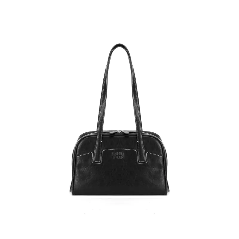 SHEPOK Vegetable Tanned Cow Leather Bowling Bag Shoulder Bag Women's Caramel/Black-4