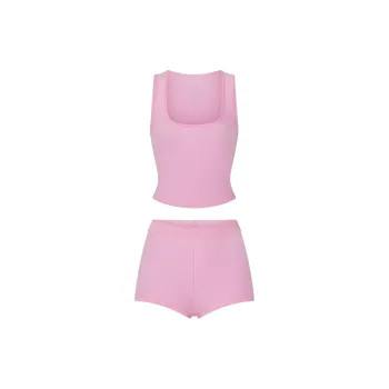 SKIMS FW24 Fake Day Collection LOGO POINTELLE SLEEP SET Pajama Set Women's BUBBLE GUM/Bubble Gum Color
